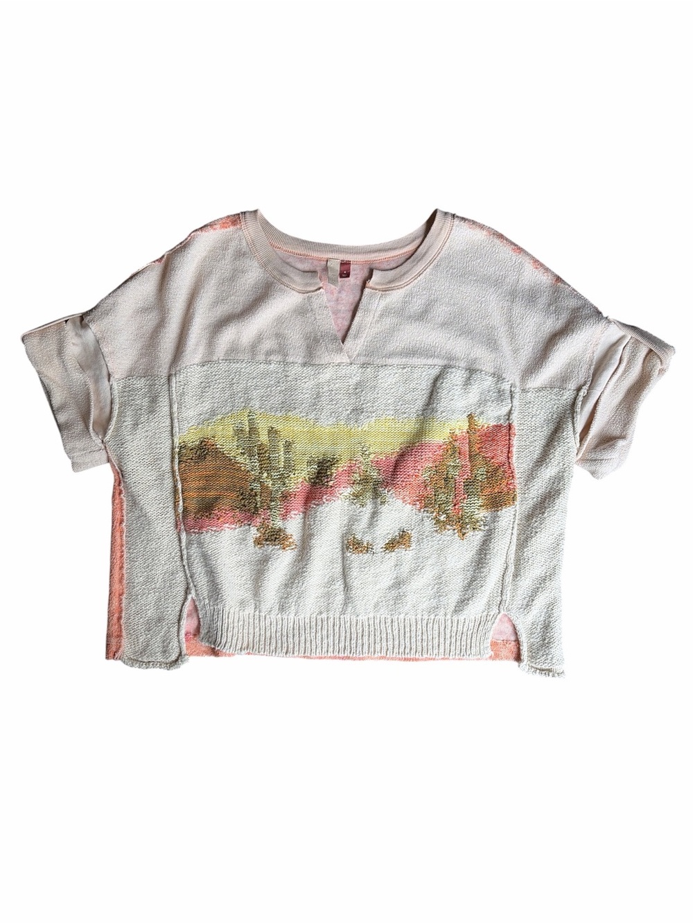 Pilcro Desert Intarsia Knit Tee Boho Western Cotton Short Sleeve Cactus Sunset M